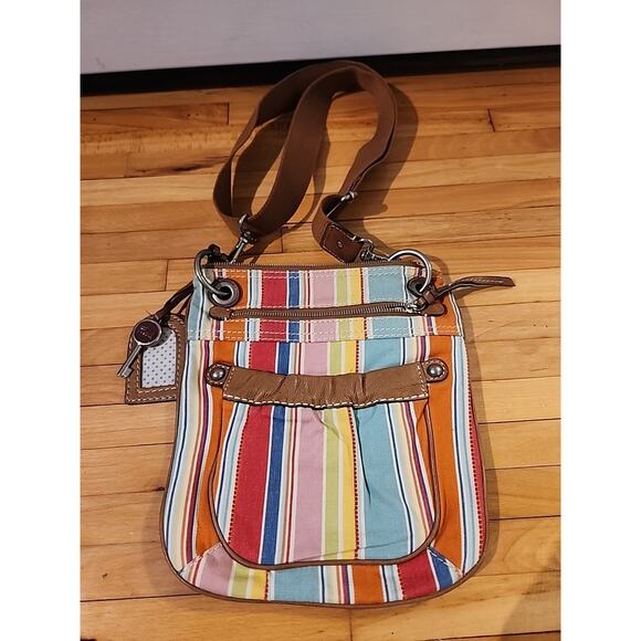FOSSIL Crossbody Bag Striped Canvas Shoulder Purse Boho Floral Hippie Key - Picture 1 of 6